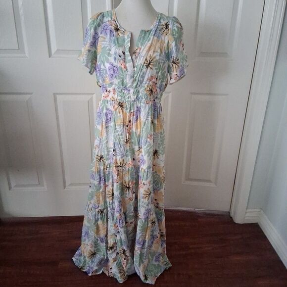 Boho Floral Tiered Maxi Dress Large Rayon Pastel Floral Lined Shirred Waist - Picture 2 of 15